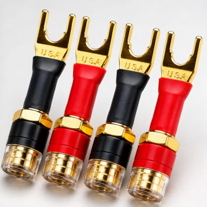 4-Pack Y-Spade to 4mm Banana Female Jack Socket Adapter, 24K Gold-Plated OFC Copper, Self-Locking 45° Fork, for Speaker Wire, Amplifier, AV Receiver, Home Theater, Hi-Fi Binding Post