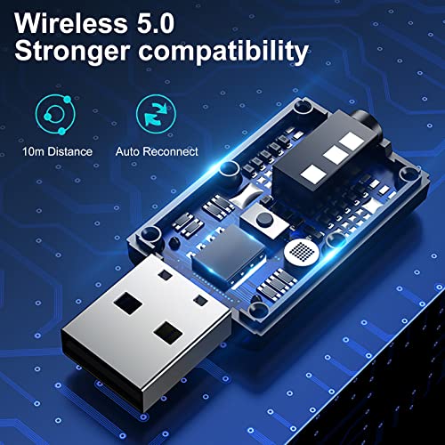 USB Bluetooth 5.0 Transmitter Receiver, 2-in-1 Wireless Audio Adapter | 3.5mm Aux Blutooth Adapter, Built in Mic/Low Latency/HD Audio/Plug n Play-for TV/PC/Car/Speaker