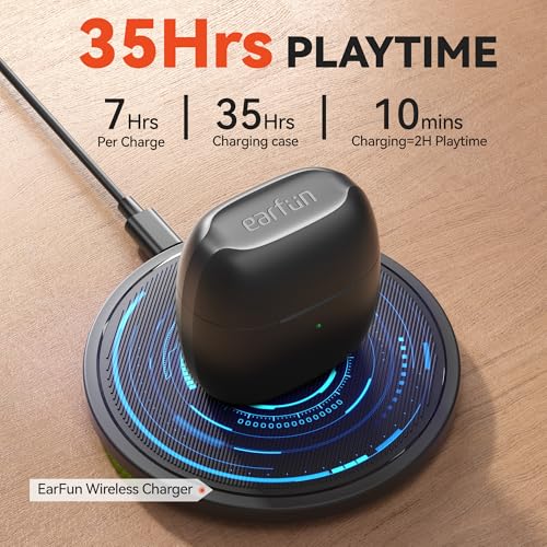 EarFun Air True Wireless Earbuds, Bluetooth Earbuds with 4 Mics Clear Call | IPX7 Waterproof, Game Mode, Deep Bass, Wireless Charging, USB-C Fast Charge, 35H Playtime, Black - color: Black
