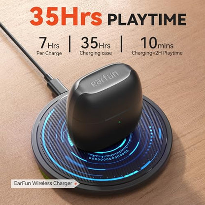 EarFun Air True Wireless Earbuds, Bluetooth Earbuds with 4 Mics Clear Call | IPX7 Waterproof, Game Mode, Deep Bass, Wireless Charging, USB-C Fast Charge, 35H Playtime, Black - color: Black