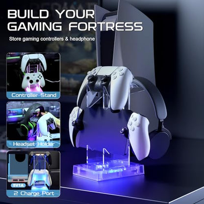 Joso Controller Holder with RGB Light, 2 Tier Acrylic Gaming Controller Stand for PS5/PS4/PS Portal/Xbox/Switch, Gaming Headset Gamepad Stand Accessories for Desktop Gamer, Universal Design