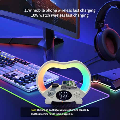 IHAO 6in1 Wireless Charging Station with Bluetooth Speaker Time&Temperature Display Alarm Clock 7-Color LED Night Lights Fast Charger for Phone, Apple Watch, Earbuds Remote Control Auto Shutoff-Pink - color: 6in1 Wireless Charger Alarm Clock ZS932 Pink