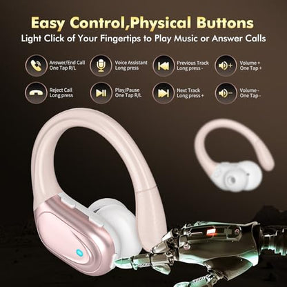 HAOYUYAN Sports Bluetooth Headphones, 80Hrs Playtime Wireless Earbuds with LED Power Display, IPX7 Waterproof Earphones for Workout/Running, Noise Canceling Headset Ear Buds - color: Pink Gold