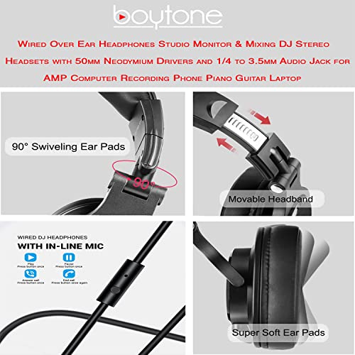 Boytone BT-10RD Wired Over Ear Headphones Studio Monitor & Mixing DJ Stereo Headsets with 50mm Drivers and 1/4 to 3.5mm Audio Jack, Foldable for Computer Audio Mixer, DJ Headphone