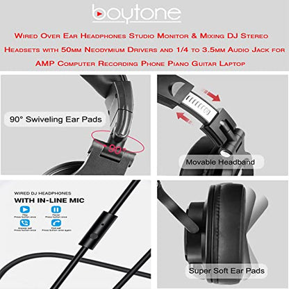 Boytone BT-10RD Wired Over Ear Headphones Studio Monitor & Mixing DJ Stereo Headsets with 50mm Drivers and 1/4 to 3.5mm Audio Jack, Foldable for Computer Audio Mixer, DJ Headphone