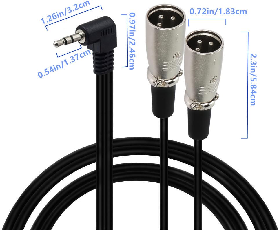 Seadream 3.5mm to Dual XLR Audio Cable, Professional 3.5mm (1/8") Angle Male TRS to 2 XLR Male Y-Splitter Adapter, Black, 90-Degree Connector, Compatible with Cameras, Speakers, Microphones (1FT) - size: 1FT