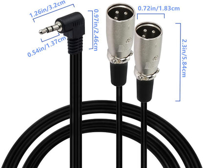 Seadream 3.5mm to Dual XLR Audio Cable, Professional 3.5mm (1/8") Angle Male TRS to 2 XLR Male Y-Splitter Adapter, Black, 90-Degree Connector, Compatible with Cameras, Speakers, Microphones (1FT) - size: 1FT