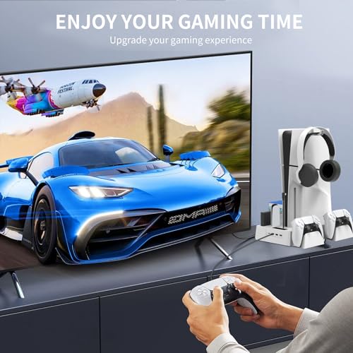 PS5 / PS5 Slim Cooling Station with Controller Charging Station, Cooling Stand for PlayStation 5 Console, PS 5 Dock Accessories Organizer with Storage Slot, PS 5 Cooler Fan, Headset Holder, 4 USB Hub