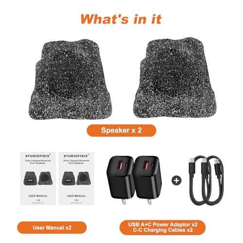 STUDIOFINIX 8" Rock Speakers Outdoor Waterproof - 5.3 Bluetooth Wireless Speaker Solar Powered Max Peak 240W for Garden,Patio,Deck,Pool,Backyard (Gray 1 Pair) - size: 8 Inch