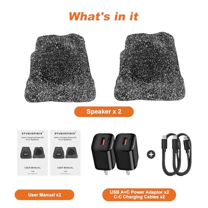 STUDIOFINIX 8" Rock Speakers Outdoor Waterproof - 5.3 Bluetooth Wireless Speaker Solar Powered Max Peak 240W for Garden,Patio,Deck,Pool,Backyard (Gray 1 Pair) - size: 8 Inch