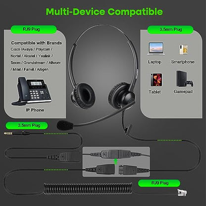 MAIRDI Phone Headset with RJ9 & 3.5mm Connectors for Landline Deskphone and Smartphone PC Laptops, Office Call Center Headset with Noise Canceling Microphone for Yealink Grandstream