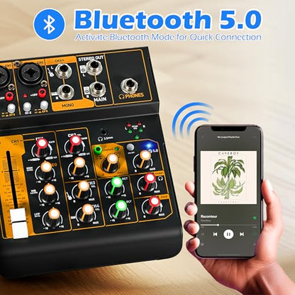 Mini Audio Mixer, Portable Mini4 DJ Board Mixer with USB Bluetooth, 4 Channel Sound Mixing Board for Wedding Party Podcast Live Performance Event