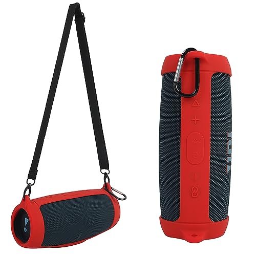 Silicone Case Cover for Charge 5 Bluetooth Speaker, Portable Travel Carrying Protective Sleeve Skin Case with Shoulder Strap and Carabiner (Red) - color: Red