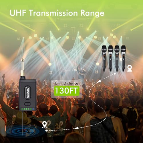 UHF Wireless Microphone System 4-Channel Cordless Mic with 4 Handheld Dynamic Microphones for Church, Speech, Weddings, Karaoke Machine, Q4