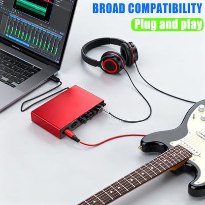 USB Audio Interface for Computer Recording Music(Red), 2 Channel Guitar Audio Interface, 32Bit/192kHz Podcasting Streaming with 48V Phantom Power