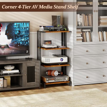 X-cosrack 16.5" Small 4-Tier AV Media Stand,Narrow Version Wooden Corner Shelves Stereo Cabinet Audio Rack Stand Tower Perfect for Small DVD Players Game Console TV Box Cable Box WiFi Router - style: Without Outlet
