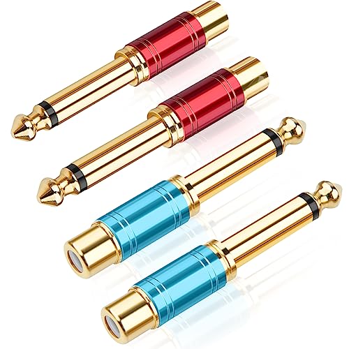 RCA to 1/4 Adapter 4 Pack, 24K Gold Plated 1/4 inch to RCA Female Mono Audio Connecto(Blue*2+Red*2)