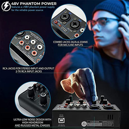 Pyle Professional Wireless DJ Audio Mixer - 4 Channel Bluetooth Controller Sound Mixer, USB Audio Interface, 2 Combo Jack XLR+6.35mm Mic/Line/Guitar in, 3.5mm, RCA AUX, Headphone Jack - PAD43MXUBT - size: 4