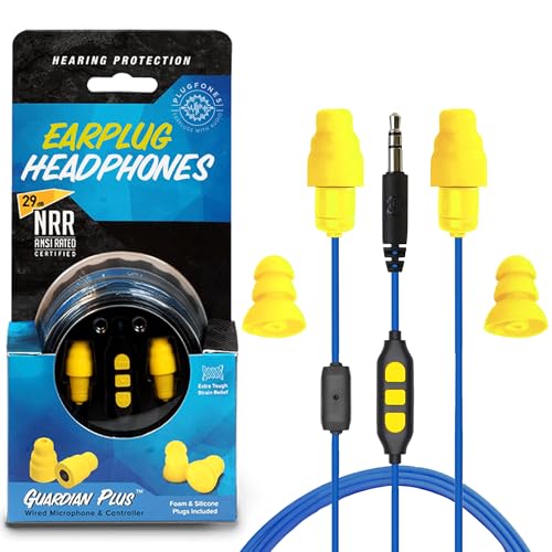 Plugfones Guardian Plus Wired Earplug Headphones for Work, Mic & Controls - color: Blue/Yellow