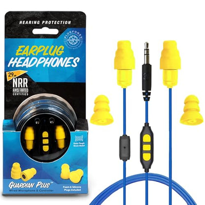 Plugfones Guardian Plus Wired Earplug Headphones for Work, Mic & Controls - color: Blue/Yellow