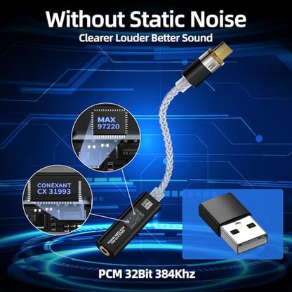 USB C to 3.5mm with CX31993 & MAX97220 DAC Headphone Adapter | Portable Decoding Amp Hi-Res 32bit/384KHz Audio Dongle with Silver-Plated OCC Cable for iPhone, Android, Mac, IEMs Earphones - color: Black