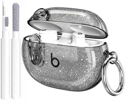 Beats Studio Buds/Studio Buds Plus Case Cover Clear 2021/2023 Men Lock Clip with Cleaner Kit, GARTOO Protective Case for Women Girls Kids Black Glitter - color: Black Glitter