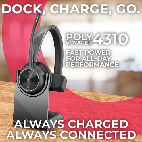 Poly Voyager 4310 UC Wireless Bluetooth Headset (USB-A) with Charging Headset Stand Bundle - Noise Cancelling Mic, Works with USB Deskphone, PC, Mobile, For Zoom and Phone Calls, GTW Microfiber Cloth - color: Mono - w/ Charging Stand