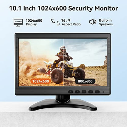 10.1-Inch Security Monitor with HDMI VGA BNC AV Inputs | 1024×600 LCD Display, Built-in Speakers, VESA 75×75mm, 24/7 Operation, Compatible with DVR, NVR, CCTV, PC