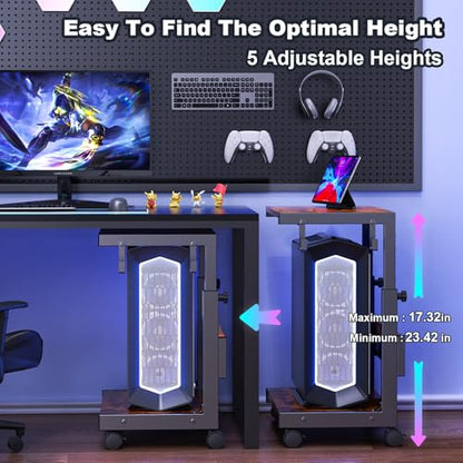 Computer Tower Stand with Charging Station, for Small and Mid-Tower PCs | Height Adjustable PC Stand with Wheel, CPU Holder with 2 AC Outlets + 2 USB Ports, 2-Tier Storage, Durable Metal Frame - color: Brown