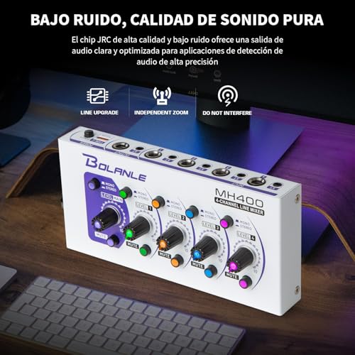 Bolanle MH400 4-Channel Active Line Mixer, USB-C Stereo/Mono Audio Mixer