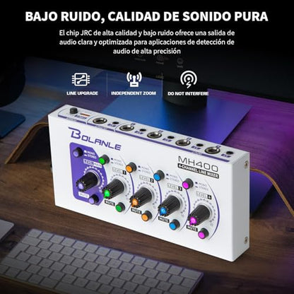 Bolanle MH400 4-Channel Active Line Mixer, USB-C Stereo/Mono Audio Mixer
