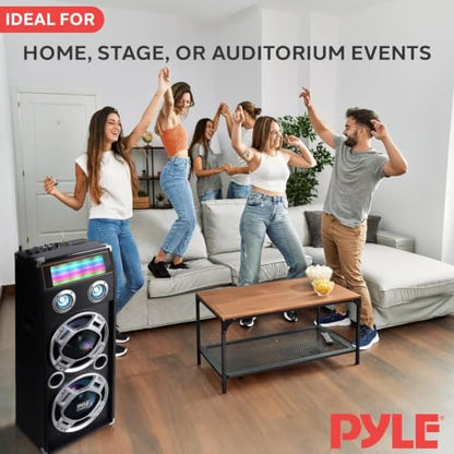 Pyle Wireless Active PA Speaker System - 1000W Portable High Powered Bluetooth Compatible Outdoor Sound Speaker w/ USB SD MP3 FM Radio AUX RCA LED DJ Lights - 35mm Stand Mount, Remote - color: Black