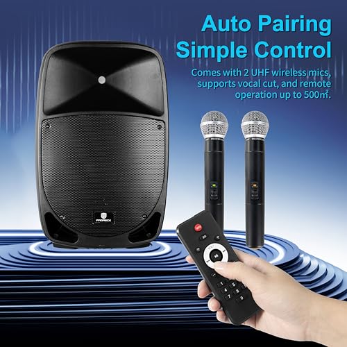PRORECK Portable 12 Inch 1200W Powered PA/DJ Speaker System with Rechargeable Battery, 2 Wireless Mics, Bluetooth, USB, SD, FM Radio, Remote, Speaker Stand for Parties, Karaoke, speeches, Outdoor - size: 12 inch