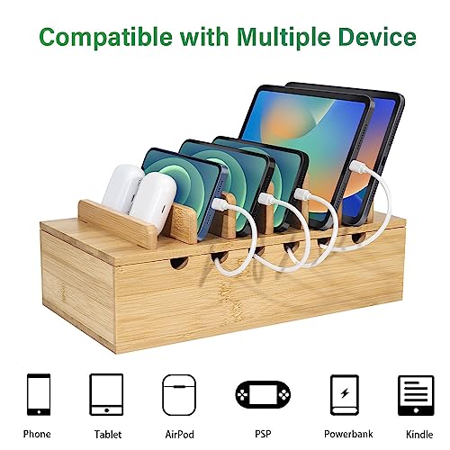 Bamboo Charging Station for Multiple Devices, Desk Docking Stations Organizer Compatible with iPhone Devices, Wood Charging Cell Phone Holder Stand (Includes 6 Cables) (NO Power Supply)