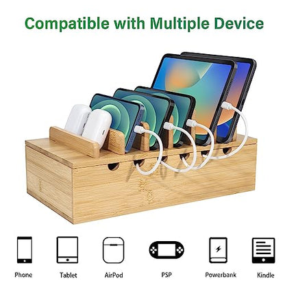 Bamboo Charging Station for Multiple Devices, Desk Docking Stations Organizer Compatible with iPhone Devices, Wood Charging Cell Phone Holder Stand (Includes 6 Cables) (NO Power Supply)