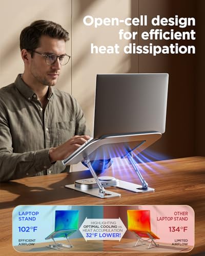 Adjustable Laptop Stand with Wireless Charger, Qi2 15W, 4in1 | Qi2 15W fast charging for phone and watch. 3-in-1 station with LED light. Fits 10-17.3 inch laptops. Foldable, holds 22lb
