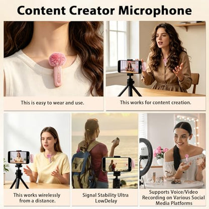 Pink Wireless Mini Microphone for iPhone 15/16/17,iPad,Android,with Noise Cancellation,Portable USB C Lapel Mic for Video Recording,Vlog,TikTok,YouTube–Rose Pink for Content Creators