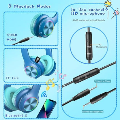 Candy Bila Kids Bluetooth 6.0 Headphones, LED Light, 85Hours Playtimes - color: Blue