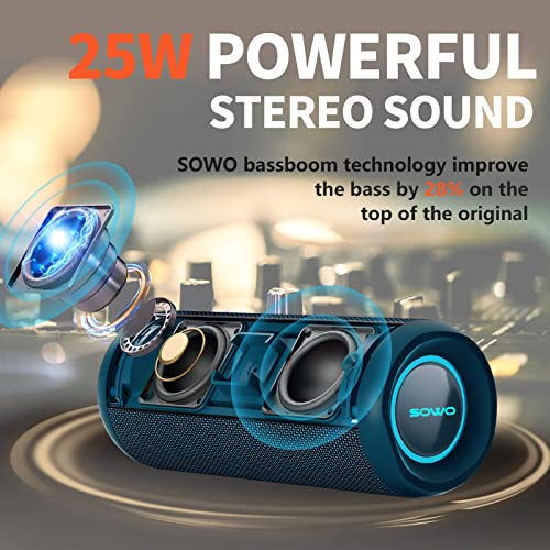 SOWO Portable Bluetooth Speaker, IPX7 Waterproof Wireless Bluetooth Speaker | Bassboom Technology, 25W Loud Stereo Sound, LED Light with TWS Pairing, 16H Playtime for Home and Outdoor -Blue - color: Blue