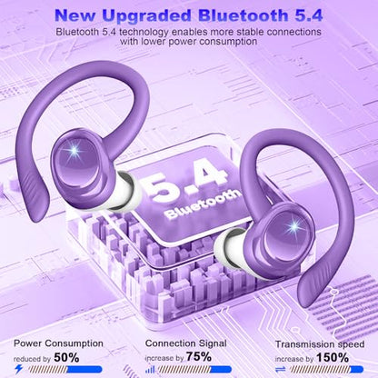 Hupoaf Wireless Earbuds Sport, 2025 Bluetooth 5.4 Headphones with Earhooks, 50H Stereo Deep Bass Over Ear Buds with 4 ENC Noise Canceling Mics, IP7 Waterproof Earphones for Running Workout Gym -Purple - color: D-Purple
