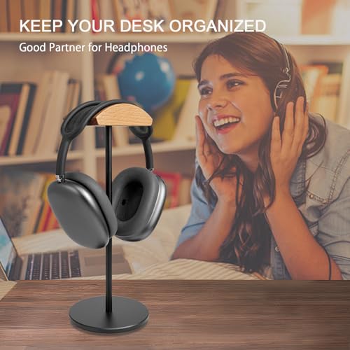 Headphone Stand for Desk - Gaming Headset Stand with Wooden Support Plate, Headset Holder with Aluminum Alloy Support Rod - color: Beech wood