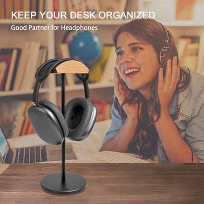 Headphone Stand for Desk - Gaming Headset Stand with Wooden Support Plate, Headset Holder with Aluminum Alloy Support Rod - color: Beech wood