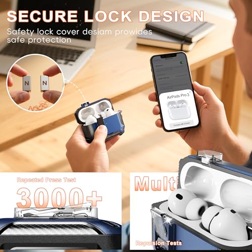 for AirPods Pro 3 Case with Lock Magnetic Lid MagSafe, Blue | Compatible Apple AirPods Pro 3, Compatible MagSafe, Protective Case with Cleaner Kit & Carabiner, Powerful Drop Protection - color: FK-Blue, size: Airpods Pro 3
