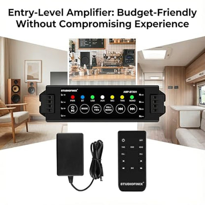 STUDIOFINIX 4-Channel Mini Amplifier with Wireless App & Infrared Remote Control, Bluetooth 5.0, USB/MIC/AUX/TWS Inputs and Power-Off Memory for Ceiling/Wall/Bookshelf/Garage