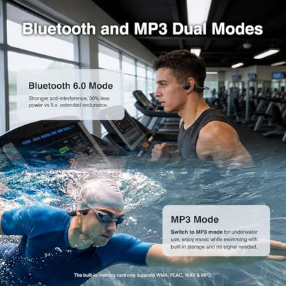 CXK Bone Conduction Headphones IPX8 Waterproof Swimming Headphones for Gym | Bluetooth 6.0 Open Ear Headphones with MP3 Mode, Built-in Memory, 12H Playtime, Underwater Headset Secure Fit for Cycling