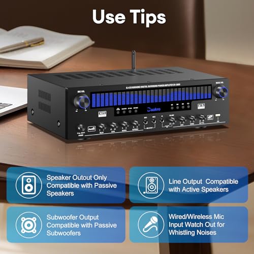 Daakro Stereo Receivers Home Audio Amplifier w/DSP Display,300W Rated Power 5.1 Channel Bluetooth Receiver,Home Amp w/BT/CD/DVD/AUX/USB/BT/FM/Opt/COA/MIC for Home/Studio/Theater Passive Speaker - size: 3800