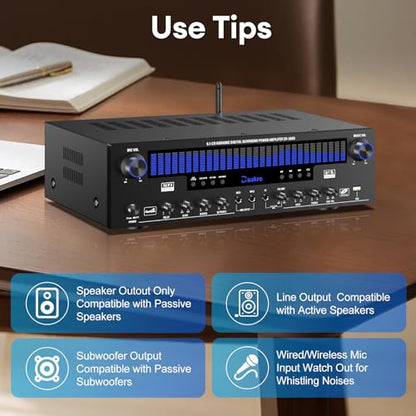 Daakro Stereo Receivers Home Audio Amplifier w/DSP Display,300W Rated Power 5.1 Channel Bluetooth Receiver,Home Amp w/BT/CD/DVD/AUX/USB/BT/FM/Opt/COA/MIC for Home/Studio/Theater Passive Speaker - size: 3800