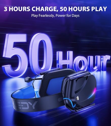 Vakedy HW12 Wireless Gaming Headset for PC, PS5, PS4, Switch, Mac, 2.4GHz Bluetooth Over Ear The Headphones with Noise Cancelling Mic, Stereo Sound, LED Light, 50H Battery Headsets for Gamers