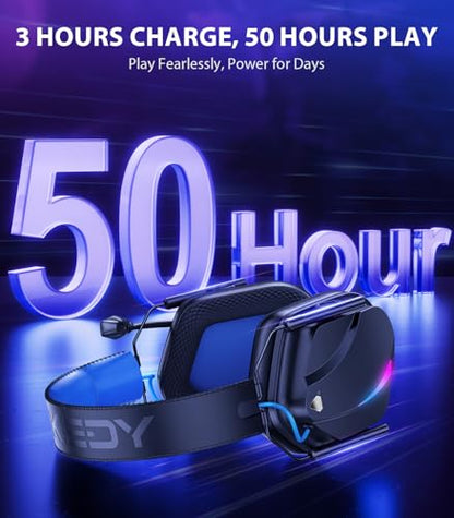 Vakedy HW12 Wireless Gaming Headset for PC, PS5, PS4, Switch, Mac, 2.4GHz Bluetooth Over Ear The Headphones with Noise Cancelling Mic, Stereo Sound, LED Light, 50H Battery Headsets for Gamers