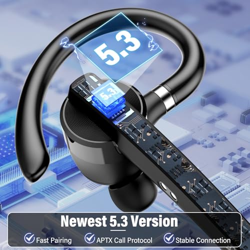 Bluetooth Headset, 90Hrs Single-Ear Headset with APTX HD Audio & Mute Button, 2026 Wireless Bluetooth 5.3 Earpiece, Dual Noise Cancelling Mics, Hands Free Headphone for Trucker, Business, Gym, Grey